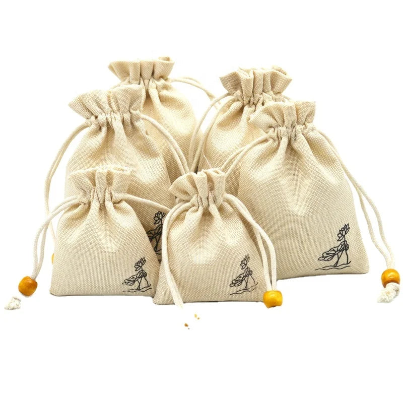 Custom Logo Printed Foldable Cotton Linen Jewelry Storage Pouch Textile Packaging Gift Drawstring Bag