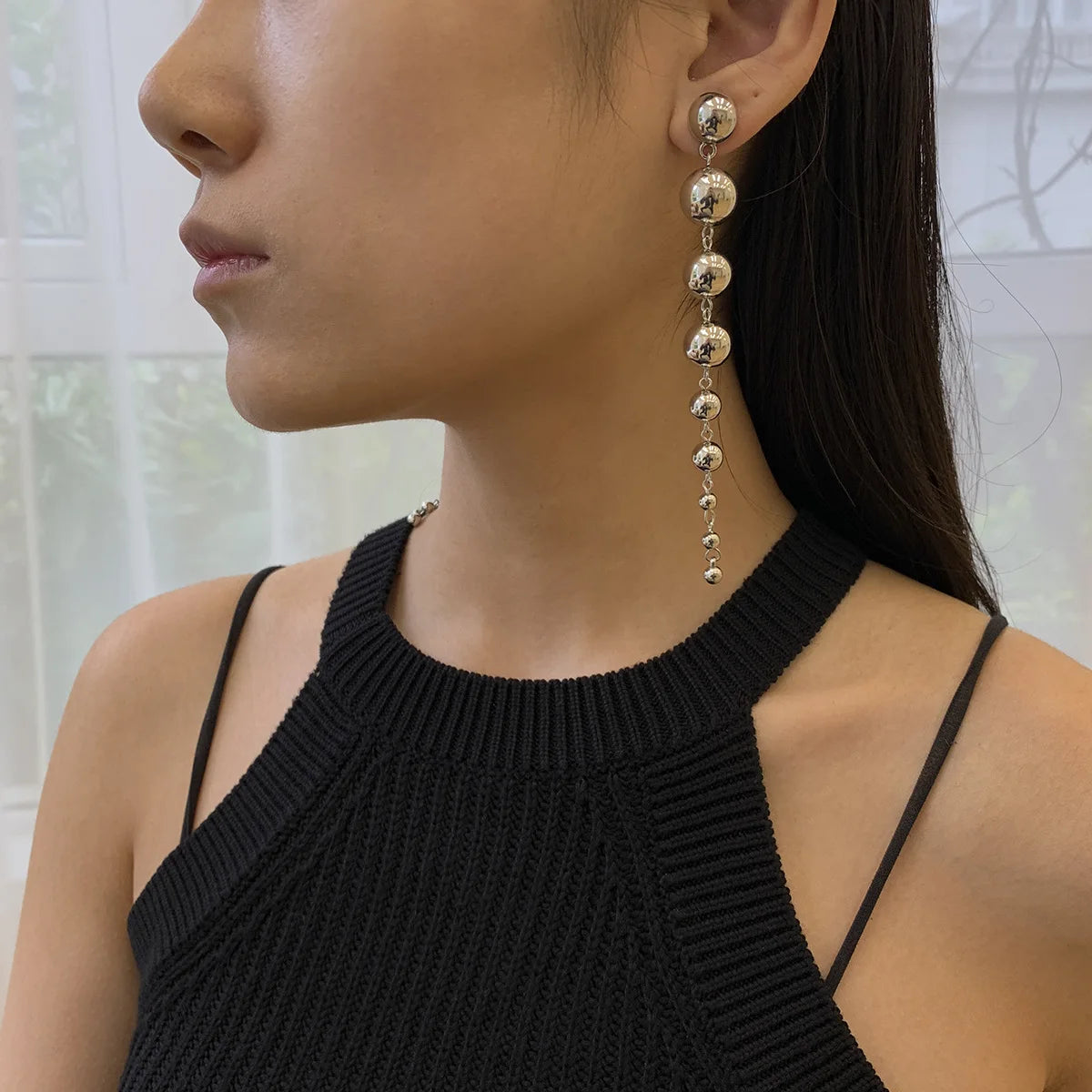 New Gold Plated Simple Beaded Long Teardrop Earring for Women Party Wedding Jewelry