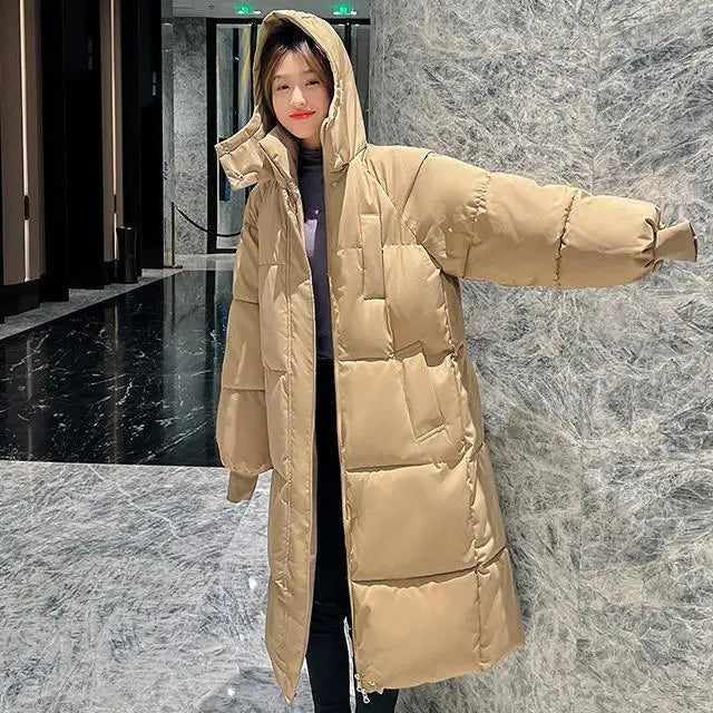 M-3XL  New Mid to Long Winter Cotton Jacket Knee Length Loose and Thick Cotton Clothing Hooded Cotton Jacket