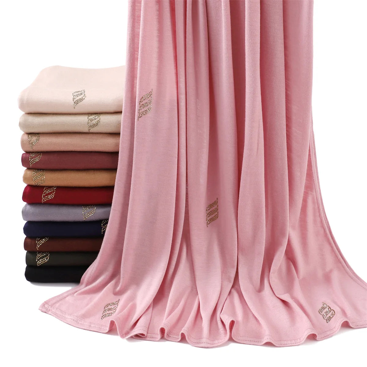 Women's Long Elastic Scarf with Gold Small Wave Rhinestone Mercerized Cotton Sweat Cloth Jersey Bag for Autumn Season