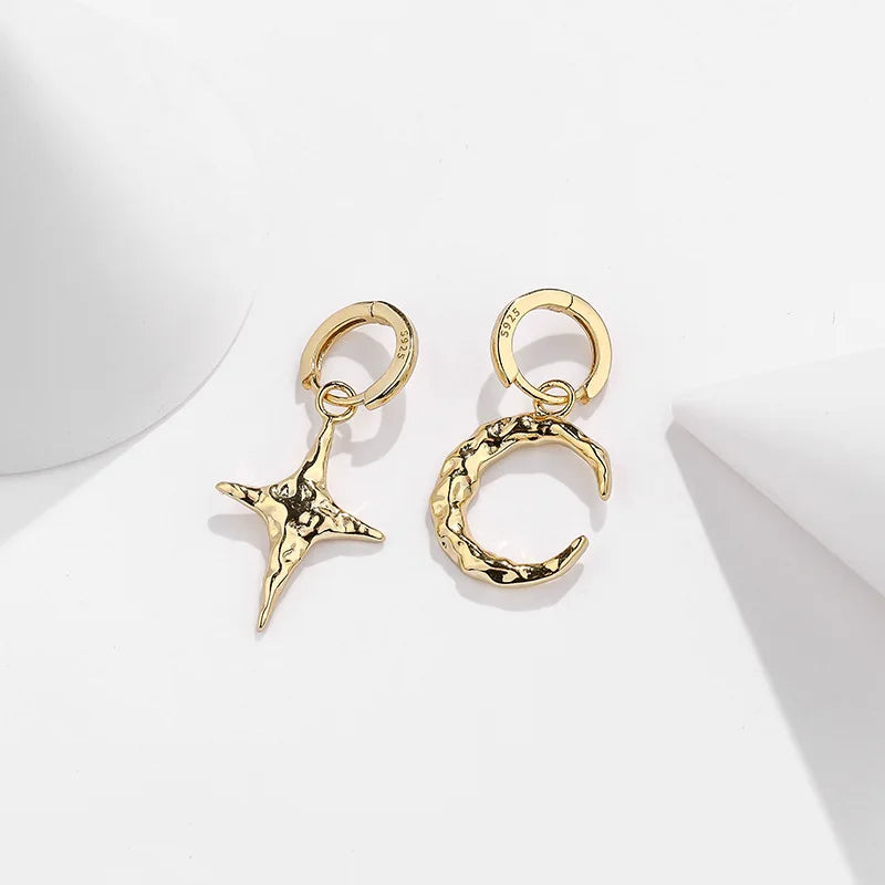 Wholesale 925 Silver Earrings Women 925 Sterling Silver Moon and Star Drop Hoop Earrings Gold Plated Drop Earrings Jewelry