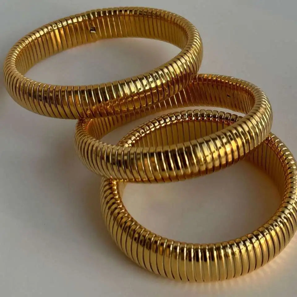 Tarnish Free Stainless Steel 18k Gold Plated Elastic Polish Trio Flexible Bracelet Bangle for Women