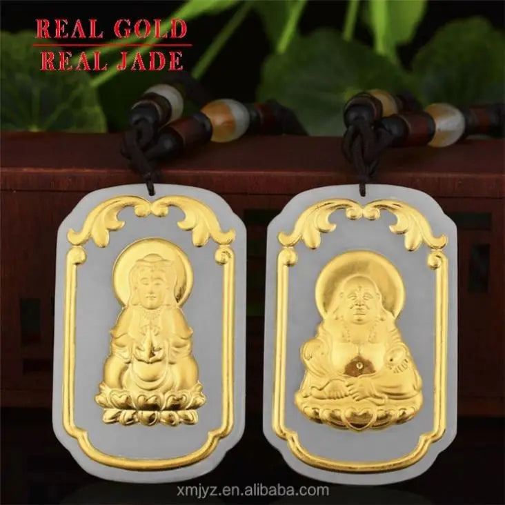 Certified Large Gold Inlaid Jade Guanyin Buddha Pendant Hetian Jade Pure Gold Men And Women  Shopping Mall Travel Live Source