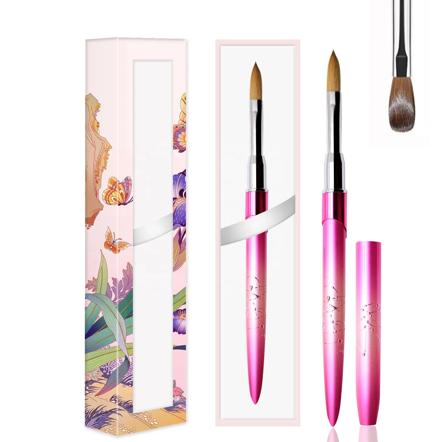 OEM Professional 100% Pure Kolinsky Hair Nail Brush Luxury Style Custom Metal Handle Crimped Ferrule Multifunctional Gift Box