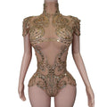 Sexy Nude See Through Gold Rhinestone One Piece Jumpsuit Show Leotard Stripper Dancewear Festival Outfit Women Club Bodysuits