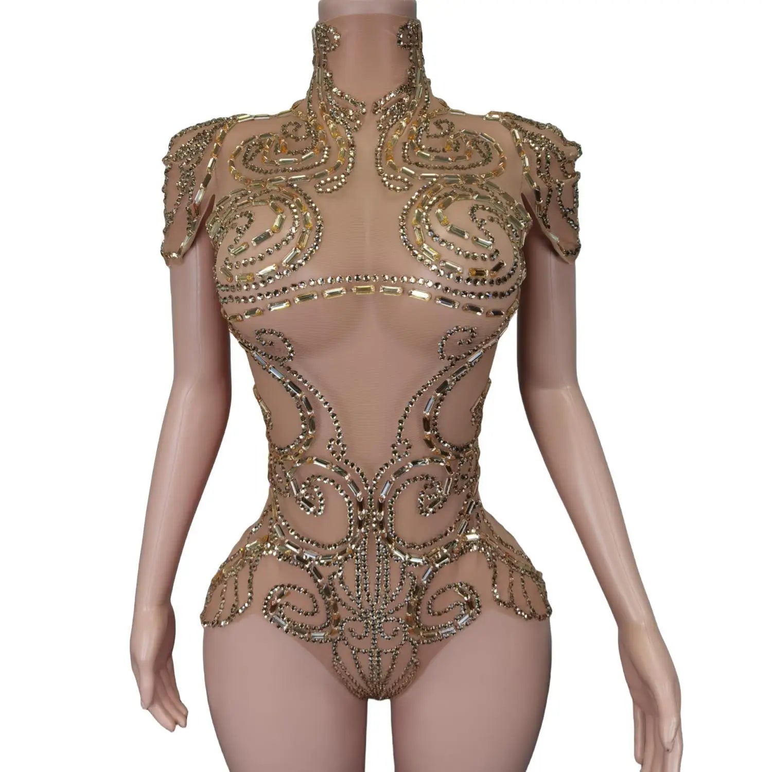 Sexy Nude See Through Gold Rhinestone One Piece Jumpsuit Show Leotard Stripper Dancewear Festival Outfit Women Club Bodysuits
