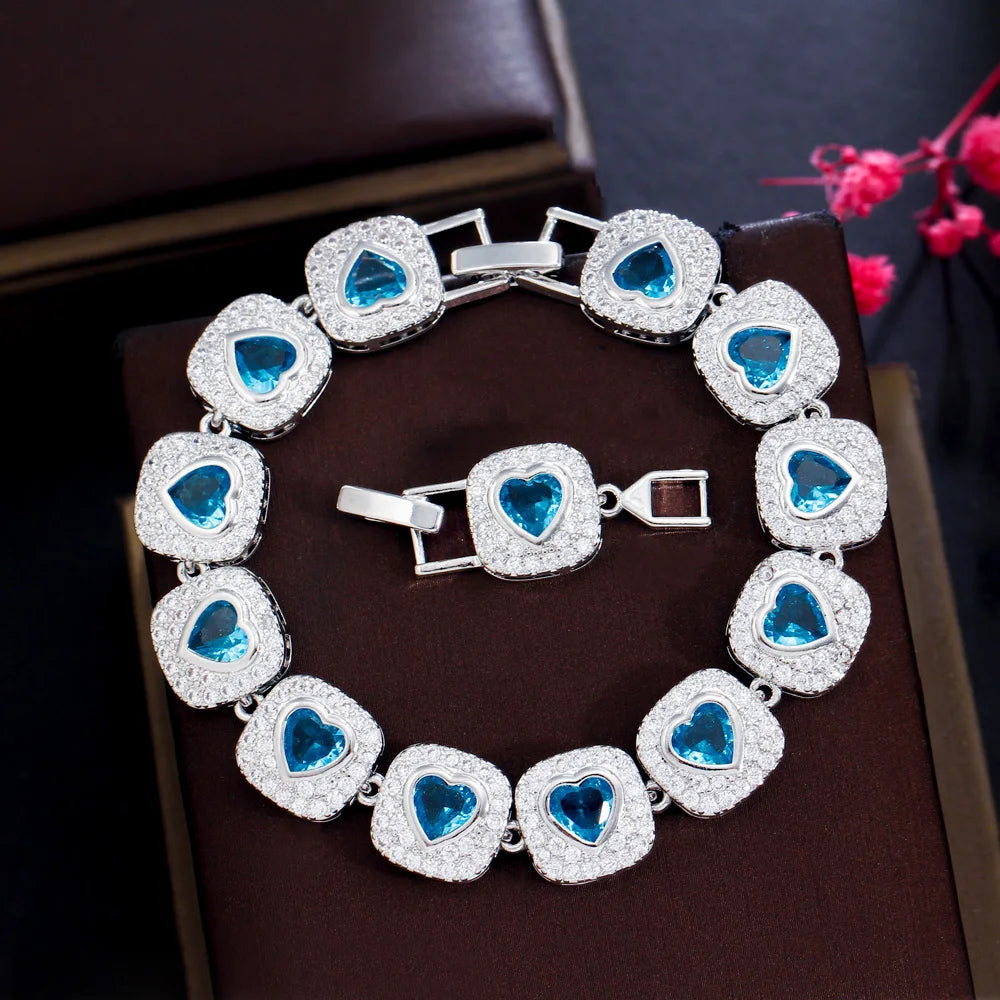 Gorgeous AAA Micro Pave Cubic Zirconia Crystal Blue Love Heart Shaped Bracelet Accessories for Women Valentines Day Jewelry Gift
