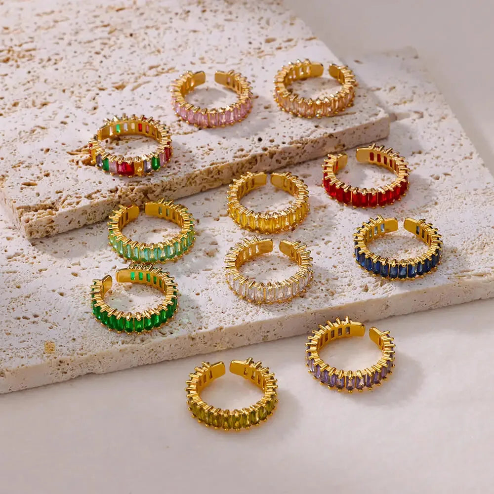 Luxury Non Tarnish Silver 18K Gold PVD Plated Adjustable Rainbow AAA Zirconia Cubic Zircon Rings Jewelry for Women