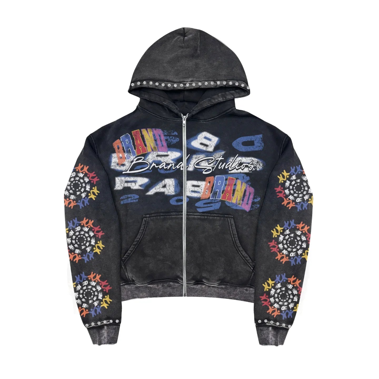 Customs 500gsm DTG Printing Logo French Terry Acid Wash Zip up Pullover Hoodies Rhinestone Distressed Hoodies