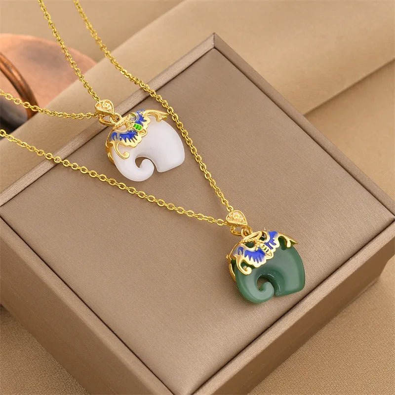 Luxury Gold Plating Stainless Steel Chalcedony Elephant Necklaces Oil Drip Elephant Jade Necklace Women Jewelry