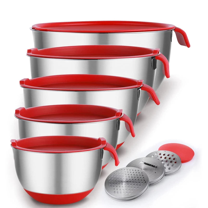 Premium Nesting Bowls Silicone Bottom Cover Handle Reusable Stainless Steel Salad Bowl Set With Airtight Lids