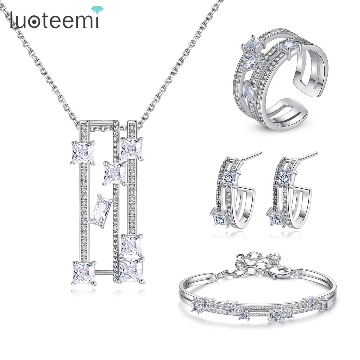 LUOTEEMI Luxury Bling Sparkling Zircon Jewelry Set for Women Bridal Wedding Jewelry Sets
