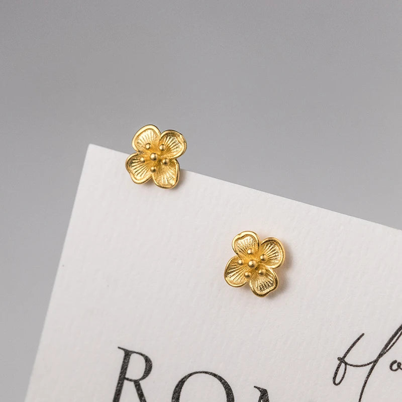 Romantic Korean Flower Petals Stud Earrings 925 Sterling Silver Jewelry Women's Fashion for Weddings Parties Gifts Stamen Gold