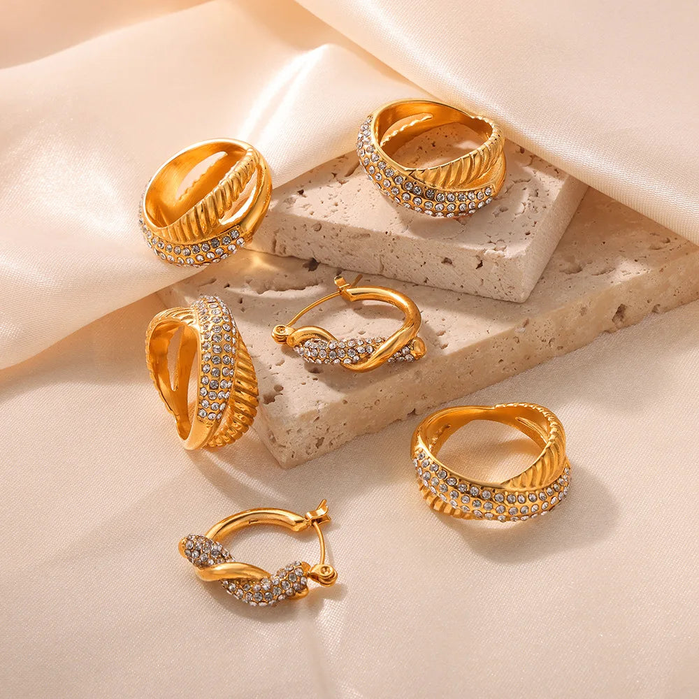 Minimalist Twisted Cross Cubic Zirconia Hoop Earrings Ring Set Hypoallergenic Stainless Steel Gold Plated Jewelry Set Pendientes