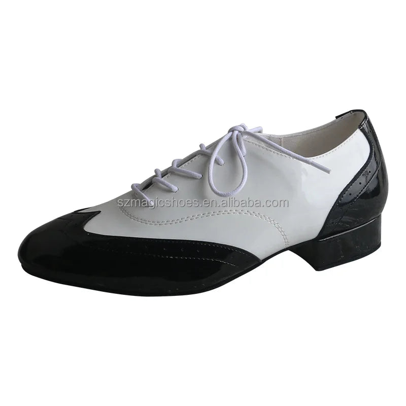 White and Black Shiny Leather Men Dance Shoes Soft Sole