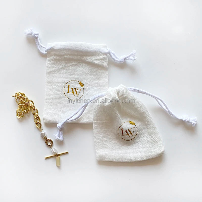 Customized Logo White Cotton Drawstring Gauze Jewelry Bags for Packaging Wedding Gift