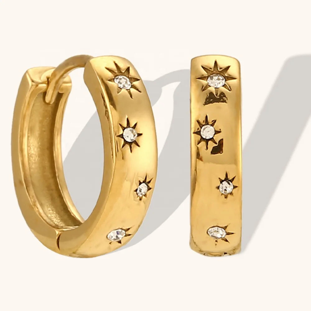 Dingran ODM OEM Custom Sun Shape Zircon Hoop Earrings 18k Gold Plated Stainless Steel Jewelry