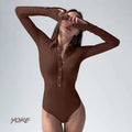 Yoke Women Stylish Compression Long Sleeve Front Button Ribbed Bodysuit