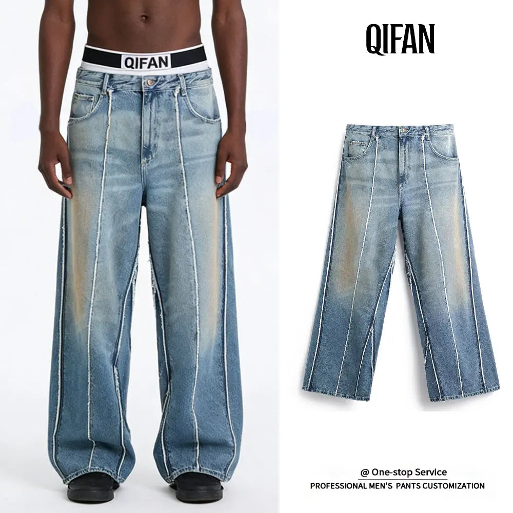 Custom Patch Work Jeans for Men Denim Pants Trousers Bottom Fade Distressed Mud Wash OEM
