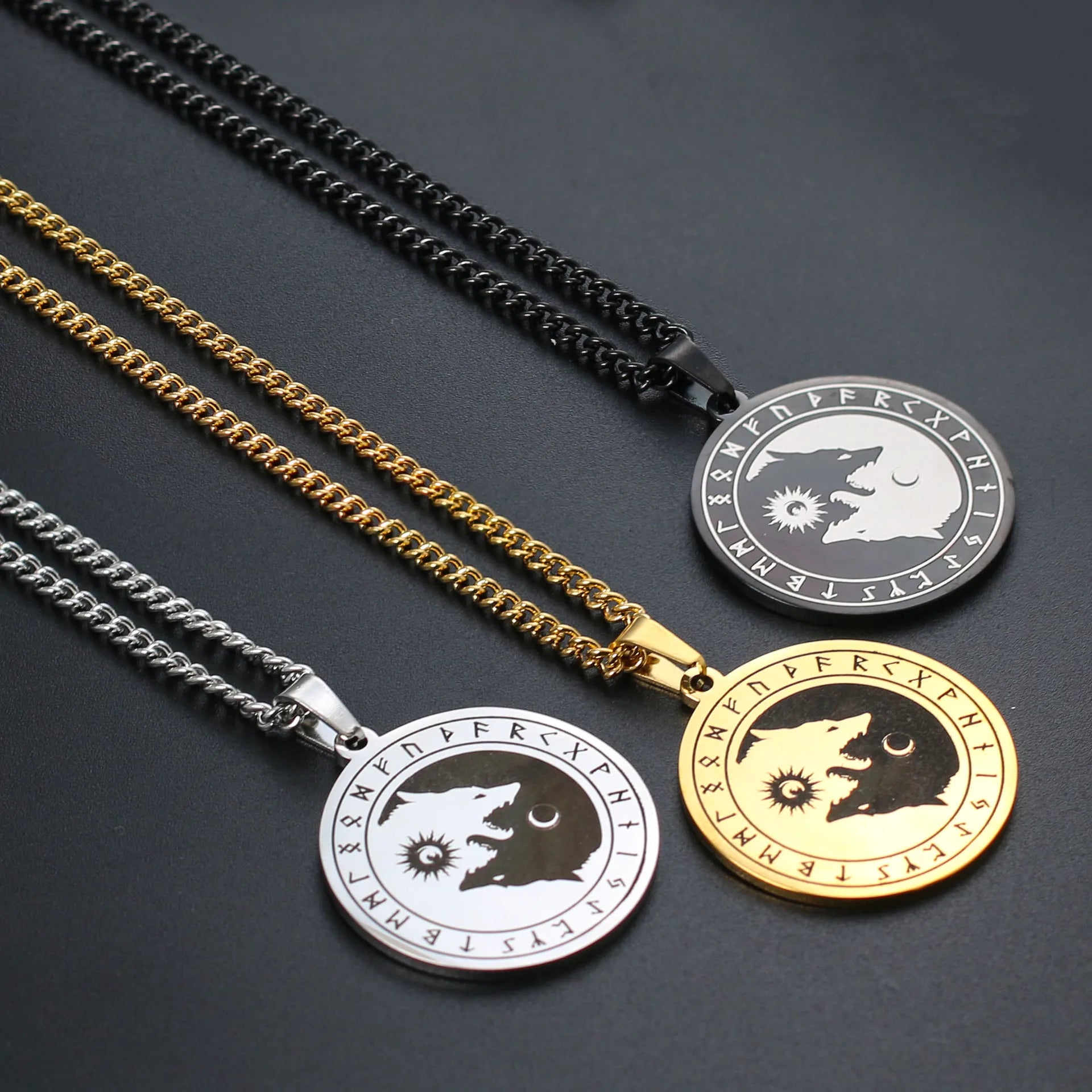 Collar De Acero Inoxidable Stainless Steel Yin Yang Wolf Necklace Personalized Vintage Viking Runes Amulet Sun Moon Necklace
