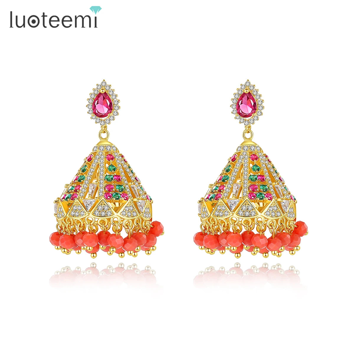 LUOTEEMI Indian Luxury Wind Chime Tassel Earrings Traditional Indian Bollywood Ethnic Chandelier Earrings Set