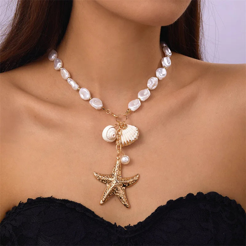 Trendy Women's Gold Plated Alloy Cross Necklace 18k Small Shell Starfish Necklace for Couples Anniversary