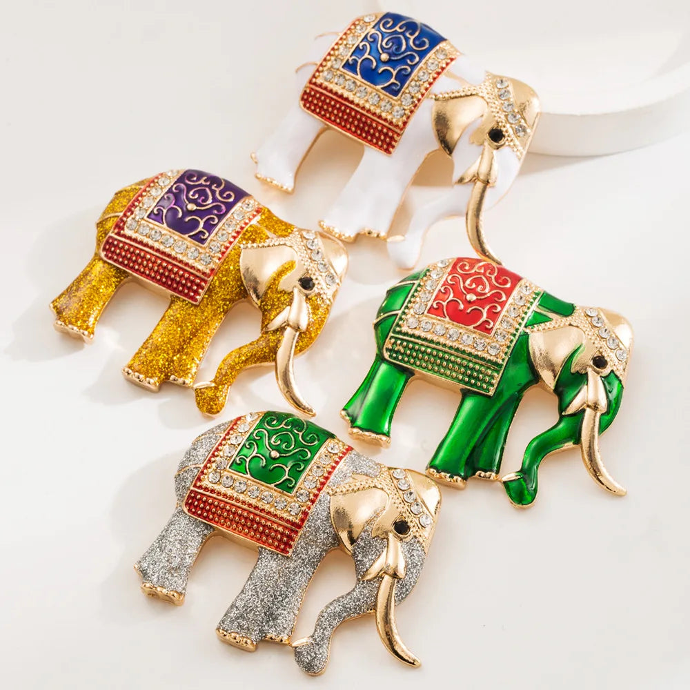 High Quality Antique Gold Plated Exotic Thai Elephant Brooch Lucky Animal Jewelry Pin with Zircon for Wedding Occasions