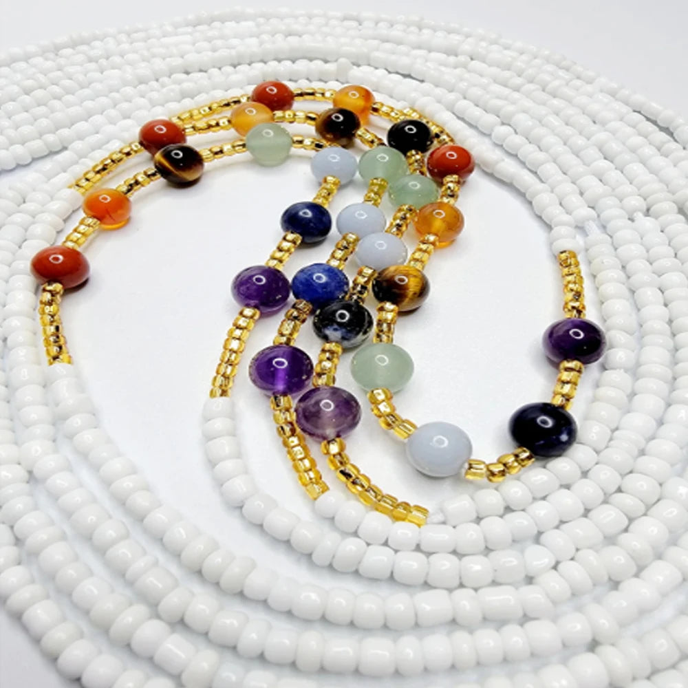 Handmade Boho African Tie on 50 Inches Gemstone Crystal Waist Beads with Stones for Women