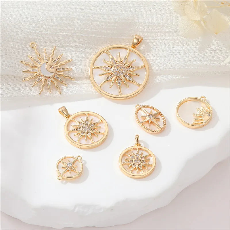 Copper 14K Gold Plated Cubic Zirconia Flat Round Pendant Round Stars Sun Necklace Celestial Solar Eclipse Pendants Charms