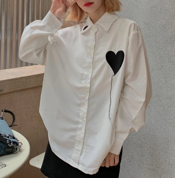 M-2XL Design Sense Niche love Shirt Jacket Blouse Collar Long Sleeved Heart-shaped Embroidery Shirt