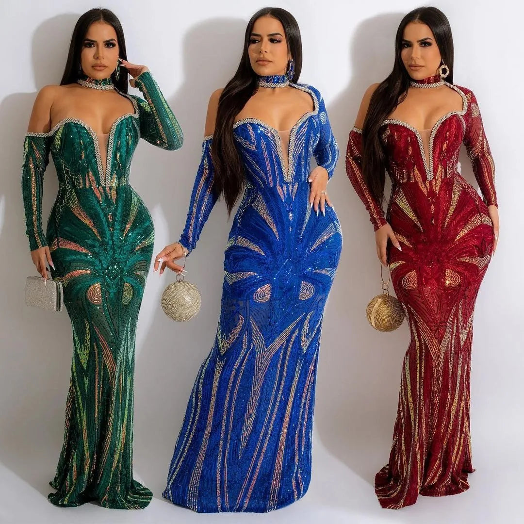 Designer Evening Gown Dress Elegant Ladies One Shoulder Sequin Dress Long Sleeve Bodycon Women's Evening Formal Dress
