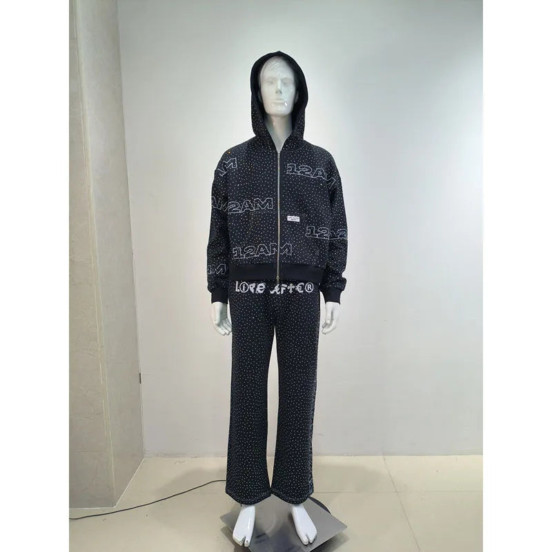 KY Custom Black Zipup Hoodie All Over Rhinestones Flare Pants 400 Gsm Tracksuit