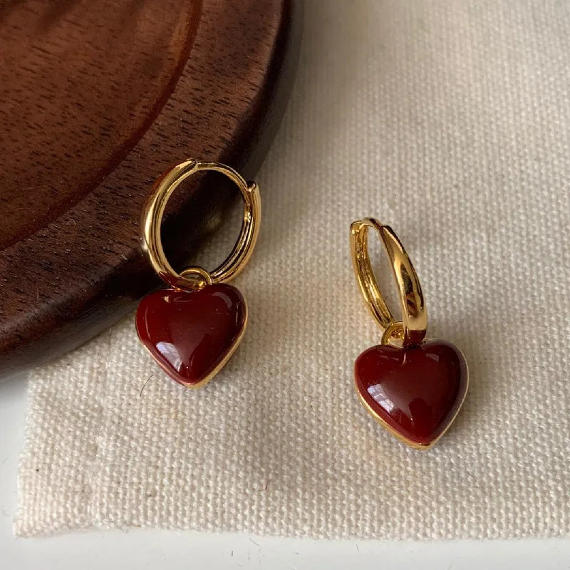 French Vintage Gold Plated Heart Shape Pendant Earrings Red Enamel Love Heart Hoop Earrings for Girl