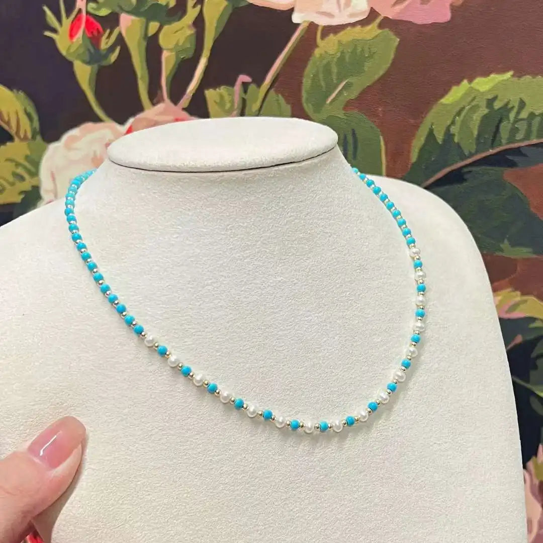 Turquoise Starry Sky Necklace with 3-5MM Natural Freshwater Pearls Near Round Rice Pearl Necklace 1 Piece