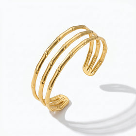 QIAOREN12704Oriental Triple Bamboo Segmented Wide Bangle Hypoallergenic Stainless Steel Gold Bracelet Birthday Good Fortune Gift
