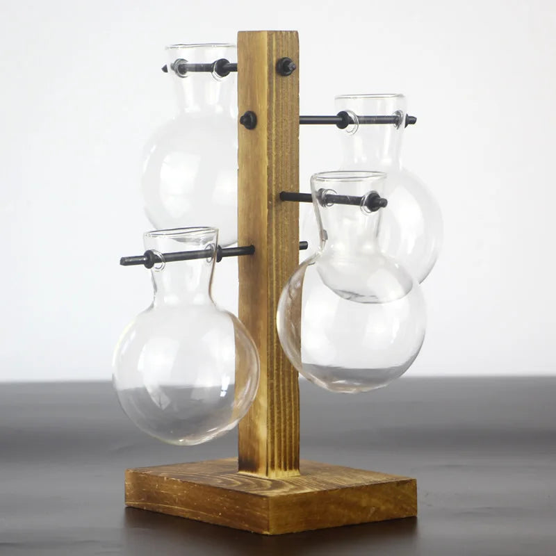 Wholesale Modern Home Decor Hydroponic Vase Crystal Tabletop Cute Creative Wooden Frame Handmade Glass Bottle Pattern Flowers
