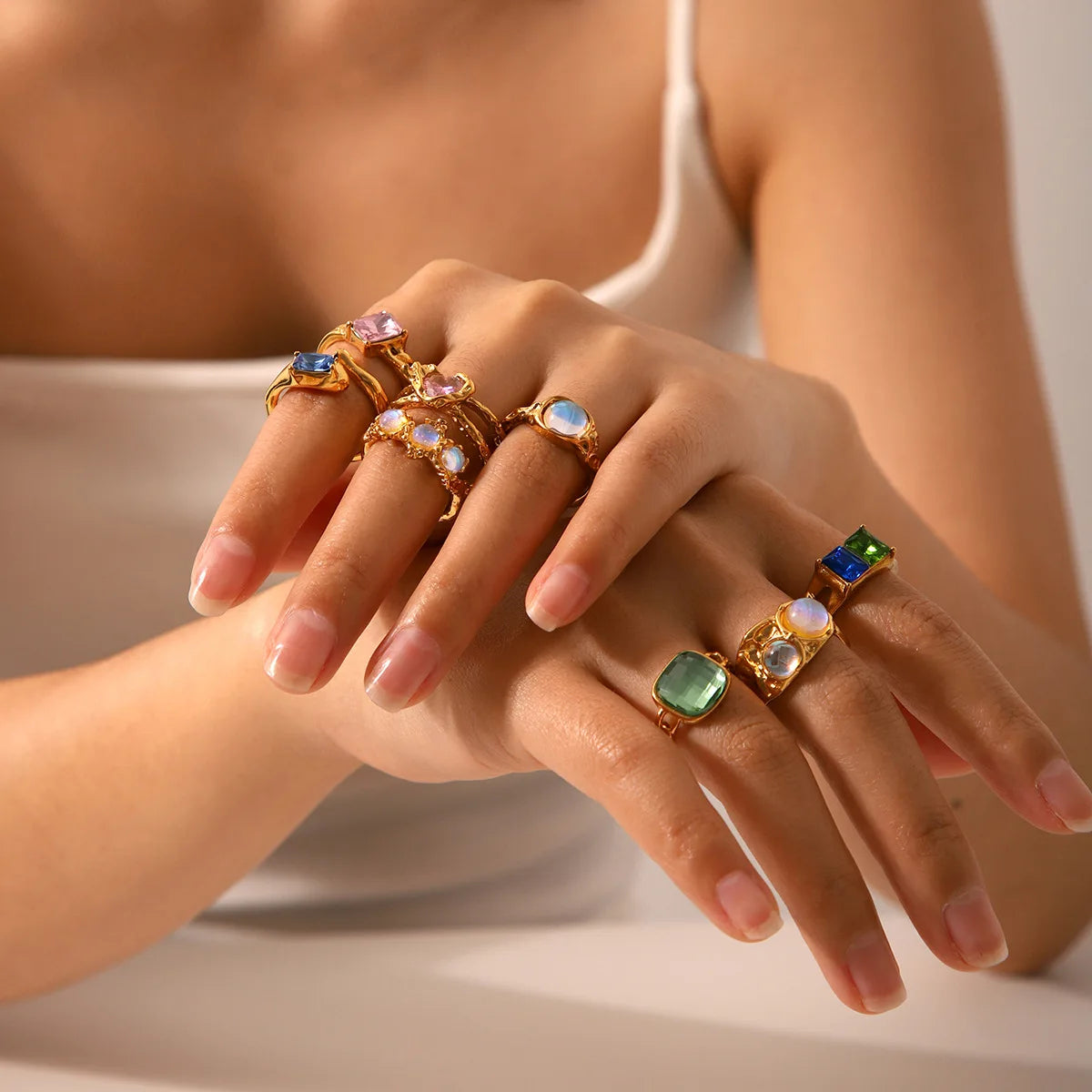 French Vintage Stainless Steel 18K Luxury Color CZ  Moonstone Hammered Opening Irregular Adjustable Rings for Girls Party