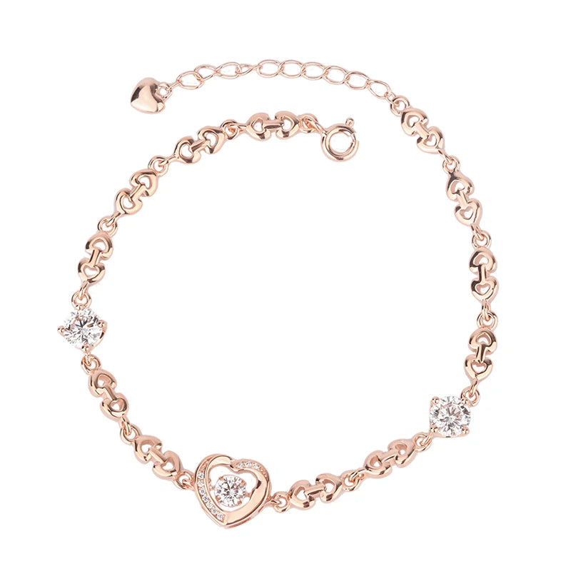 Fashion 925 Sterling Silver Heart Shape Rose Gold Tennis Chain Bracelet Ideal Birthday Gift for Women