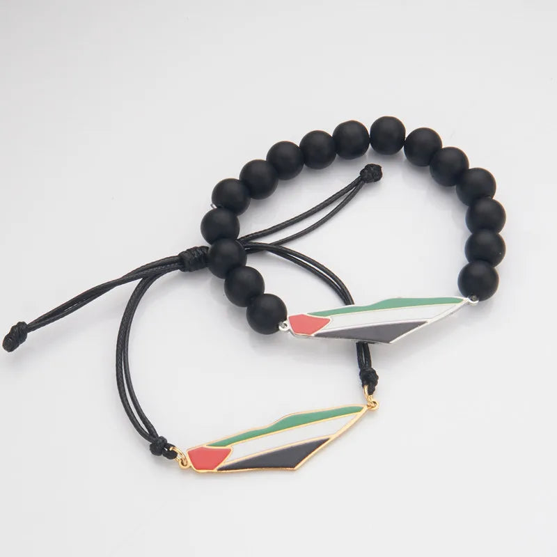 Fashionable Jewelry Stainless Steel Black Bead Bracelet With Palestinian Flag Map Bracelets & Bangles