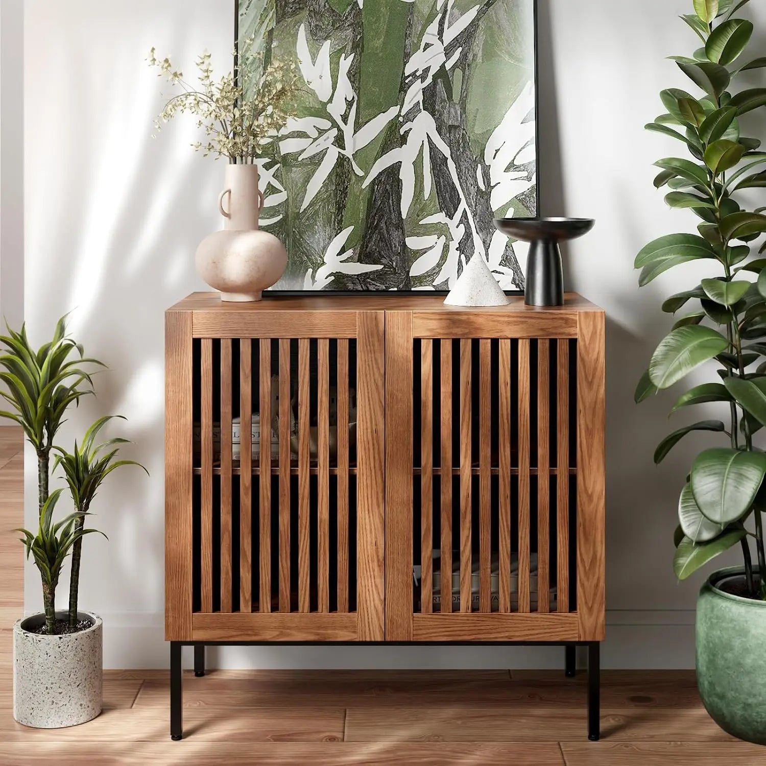 Brown Wood Adjustable Shelves Kitchen Buffet Sideboard Storage Cabinet for Living Room