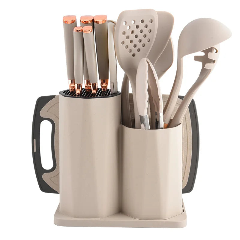 15-Piece Silicone Kitchen Utensil Set and Knife Set Wooden Handle Non-Stick Cooking Tools with Storage Bucket