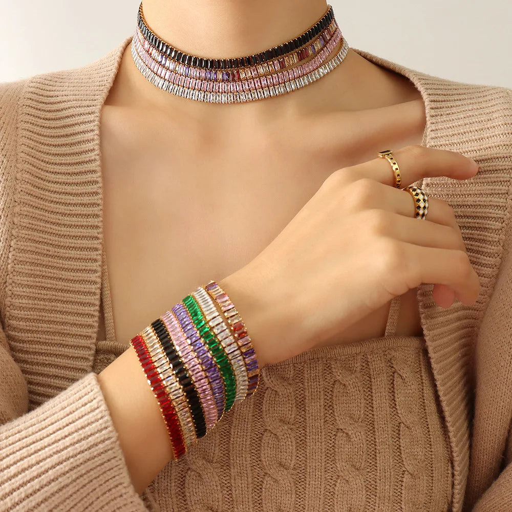 Vintage Style Colored Zircon Necklace Waterproof Stainless Steel Box Chain Necklace Bracelet Set Fashion Jewelry Party Gift