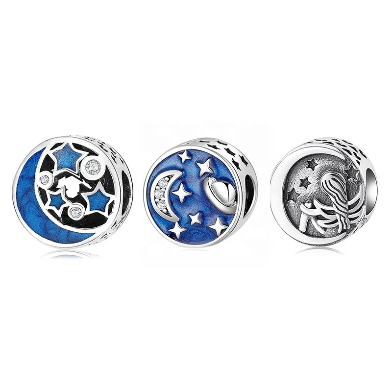 Real 925 Sterling Silver Moon Universe Beautiful Starry Sky Enamel Silver Charm for Bracelet Women Gift Jewelry Making Wholesale