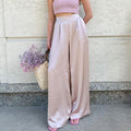 Customization Stylish Women Solid Casual High Waist Wide Leg Silk Satin Pants