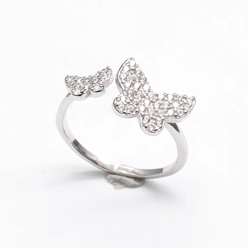 Fine Jewelry Double butterfly Ring  Zirconia Silver Inset Zircon Open Ring 925 Sterling Silver Lucky Ring for Women