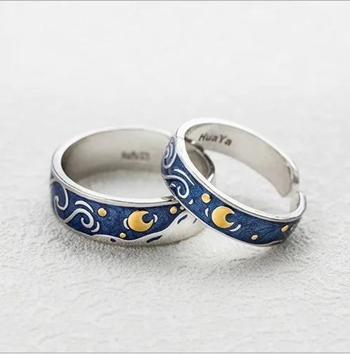 Starry Night Starry Sky Rings Adjustable Vintage Silver Wedding Rings Matching Couple Ring Set for Couples