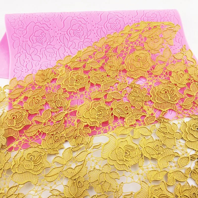 HY Big Size Silicone Imprint Mat Rose Flower Press Mold Cake Embosser Silicone Lace Mat Fondant Decorating Mold