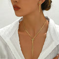 MC318 Wholesale Stainless Steel Bow Tassel Design Necklace Earrings Gold Plated Fashion Long Tassel Jewelry Set for Women