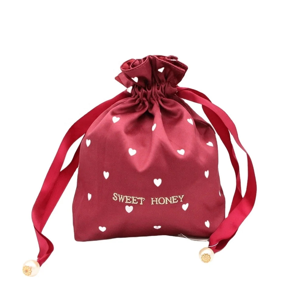 Custom Logo Soft Red Satin Silk Christmas Gift Bag Drawstring Dust Bag for Hair Wigs Bundles Handbags Scarf Pillow Package