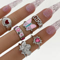 Wholesale 6Pcs/Set Jewelry Oil Drop Enamel Colorful Love Heart Flower Ring Set Crystal Letter Girl Butterfly Rings Set